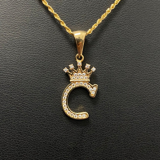 18K Yellow Gold Letter C With Crown Jewelry Set With Zircons / 2.5gr / 1.5mm / 24in