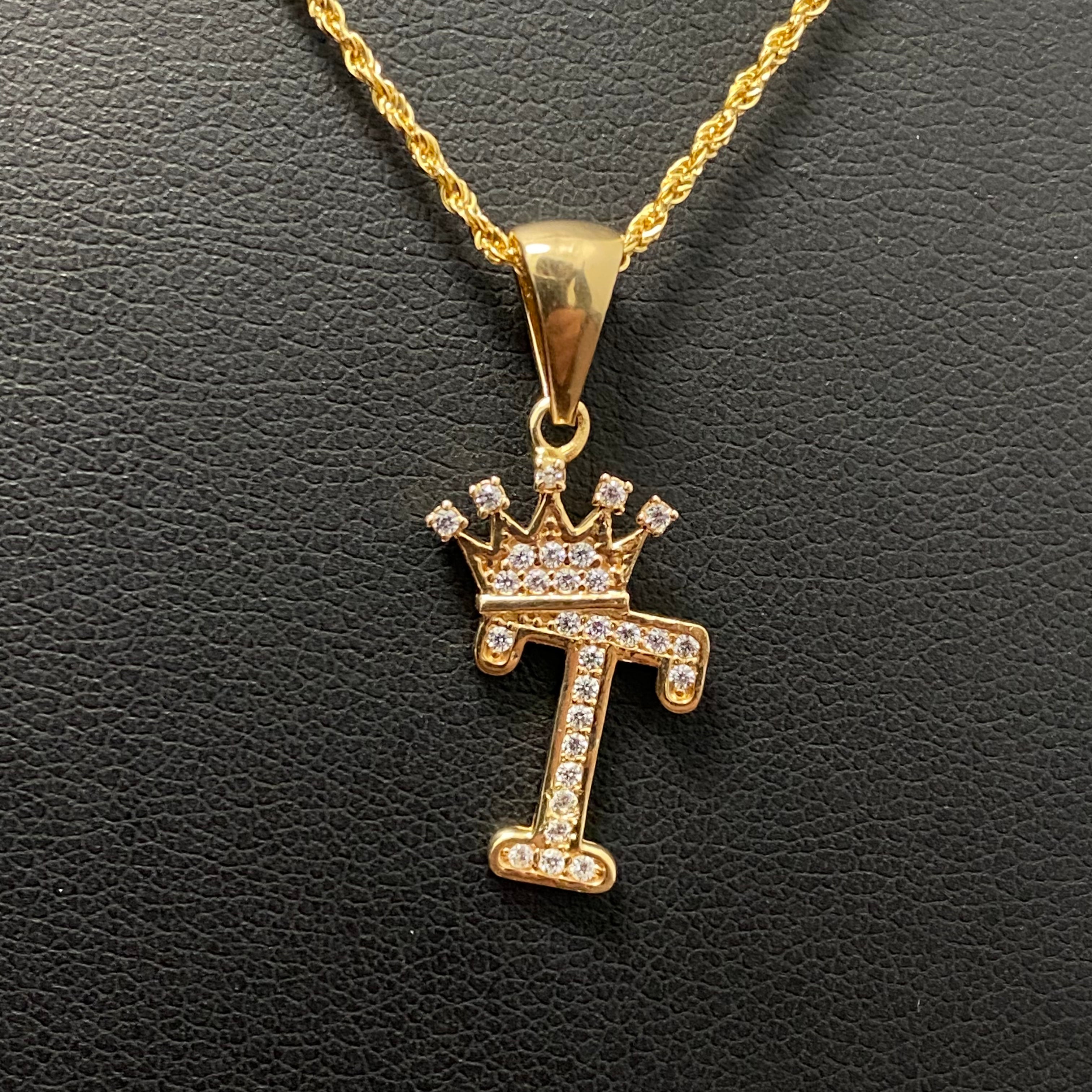 18K Yellow Gold Letter T With Crown Jewelry Set With Zircons / 2.2gr / 1.5mm / 24in