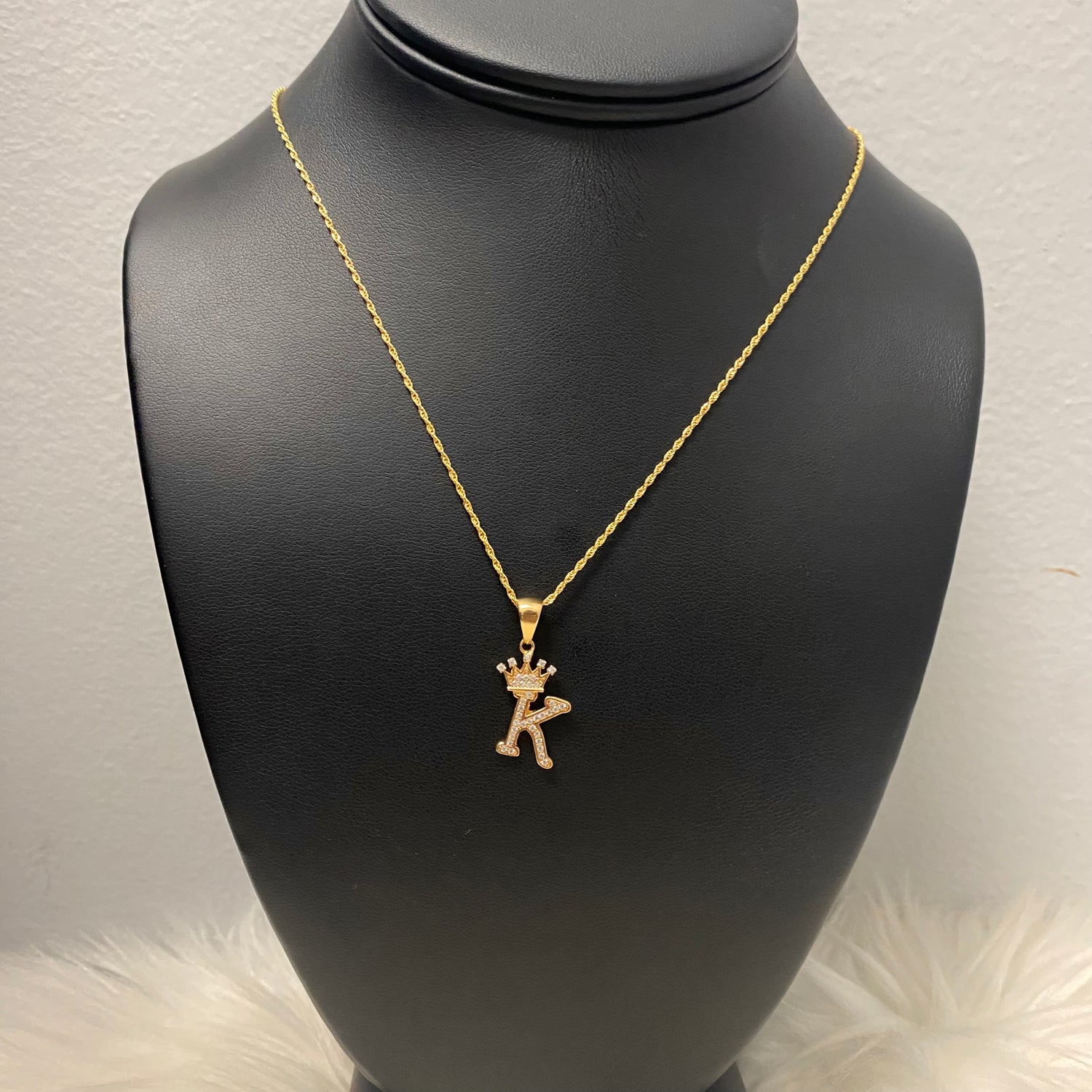 18K Yellow Gold Letter K With Crown Jewelry Set With Zircons / 2.7gr / 1.5mm / 24in