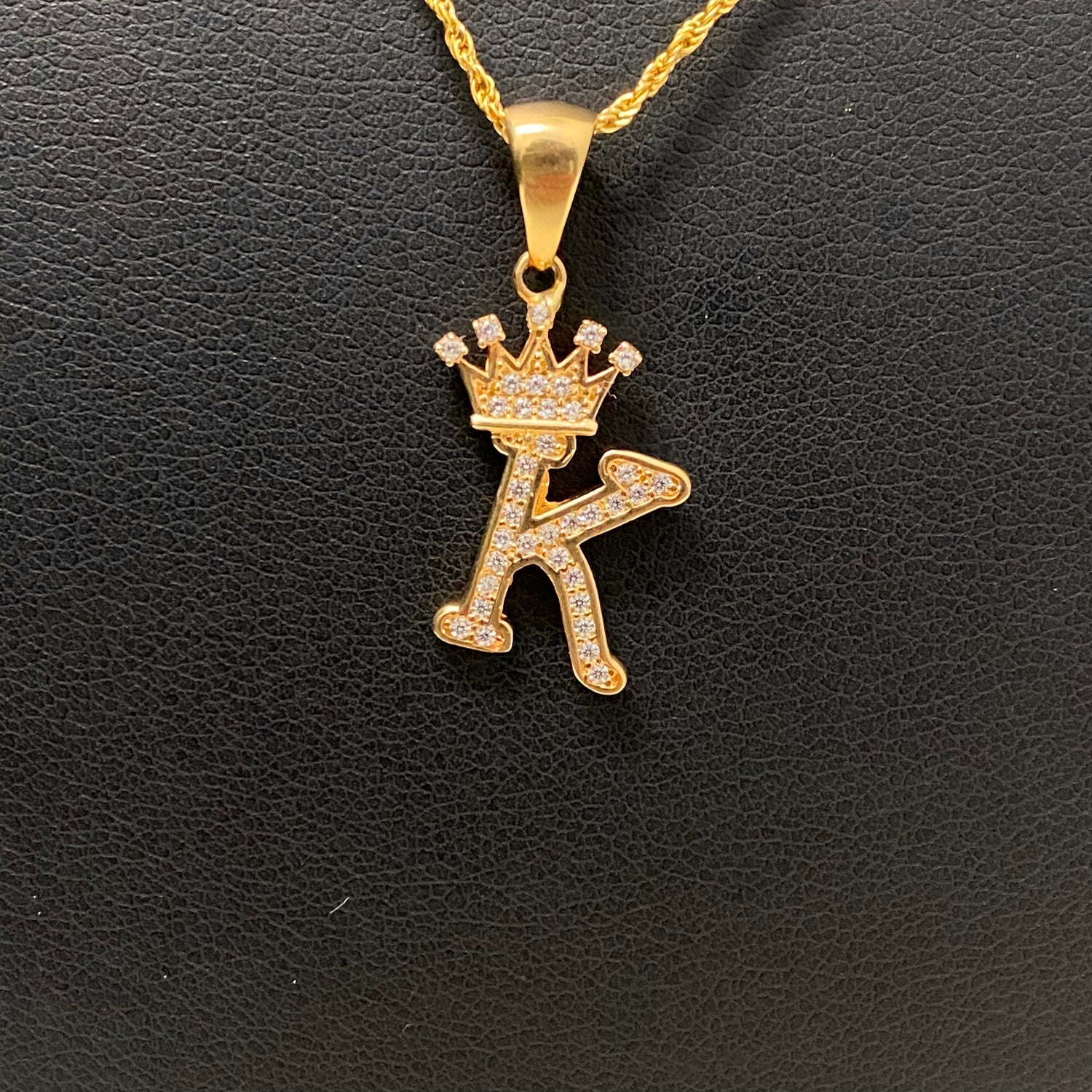 18K Yellow Gold Letter K With Crown Jewelry Set With Zircons / 2.7gr / 1.5mm / 24in