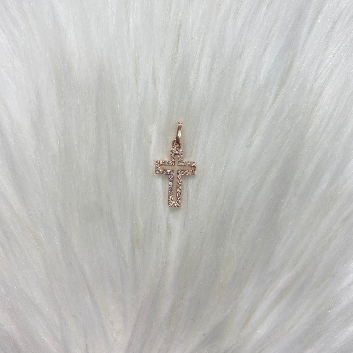 18K Rose Gold Cross Pendant With Zircons / 1.3gr