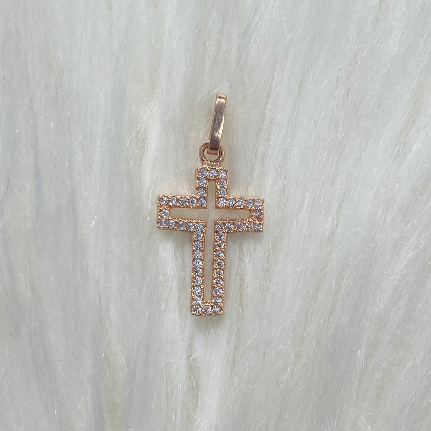 18K Rose Gold Cross Pendant With Zircons / 1.3gr