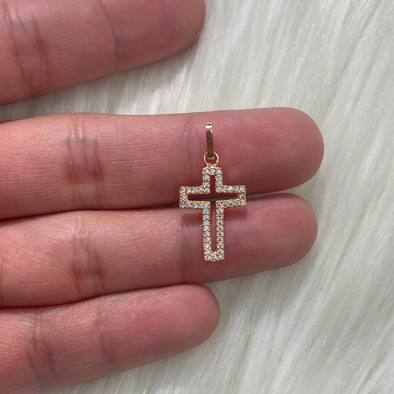 18K Rose Gold Cross Pendant With Zircons / 1.3gr