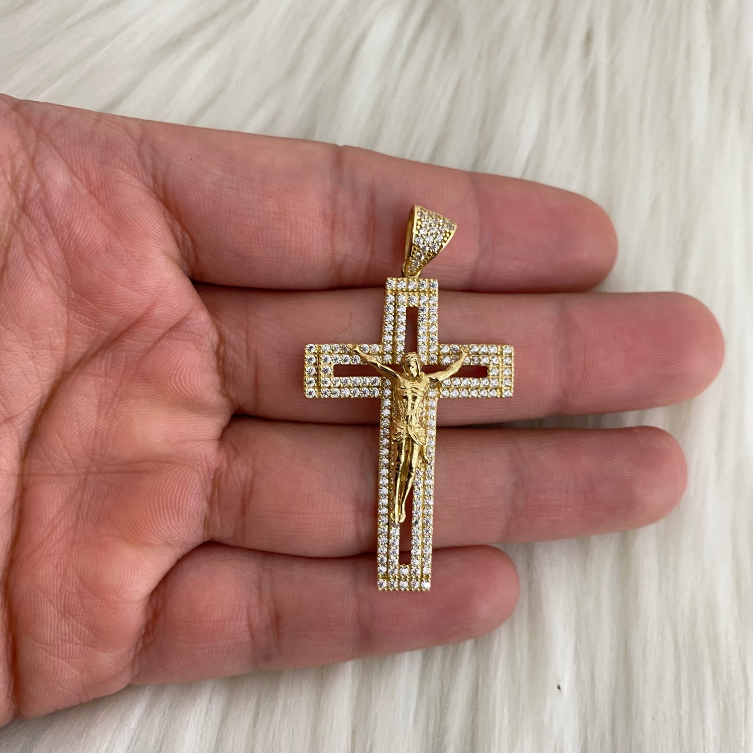 14K Yellow Gold Cross/Jesus 3D Pendant With Zircons / 6.3gr / 2in