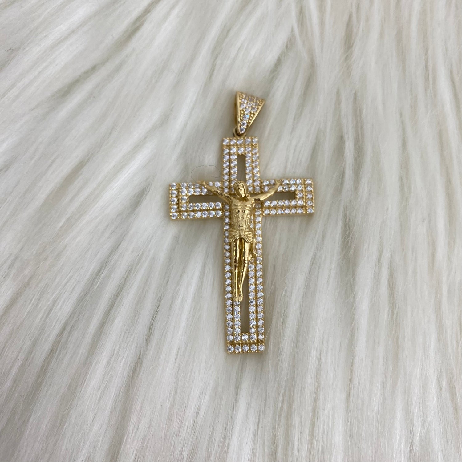 14K Yellow Gold Cross/Jesus 3D Pendant With Zircons / 6.3gr / 2in