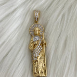 10K Yellow Gold San Judas Pendant With Zircons / 9gr / 2.2in