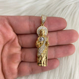 10K Yellow Gold San Judas Pendant With Zircons / 9gr / 2.2in