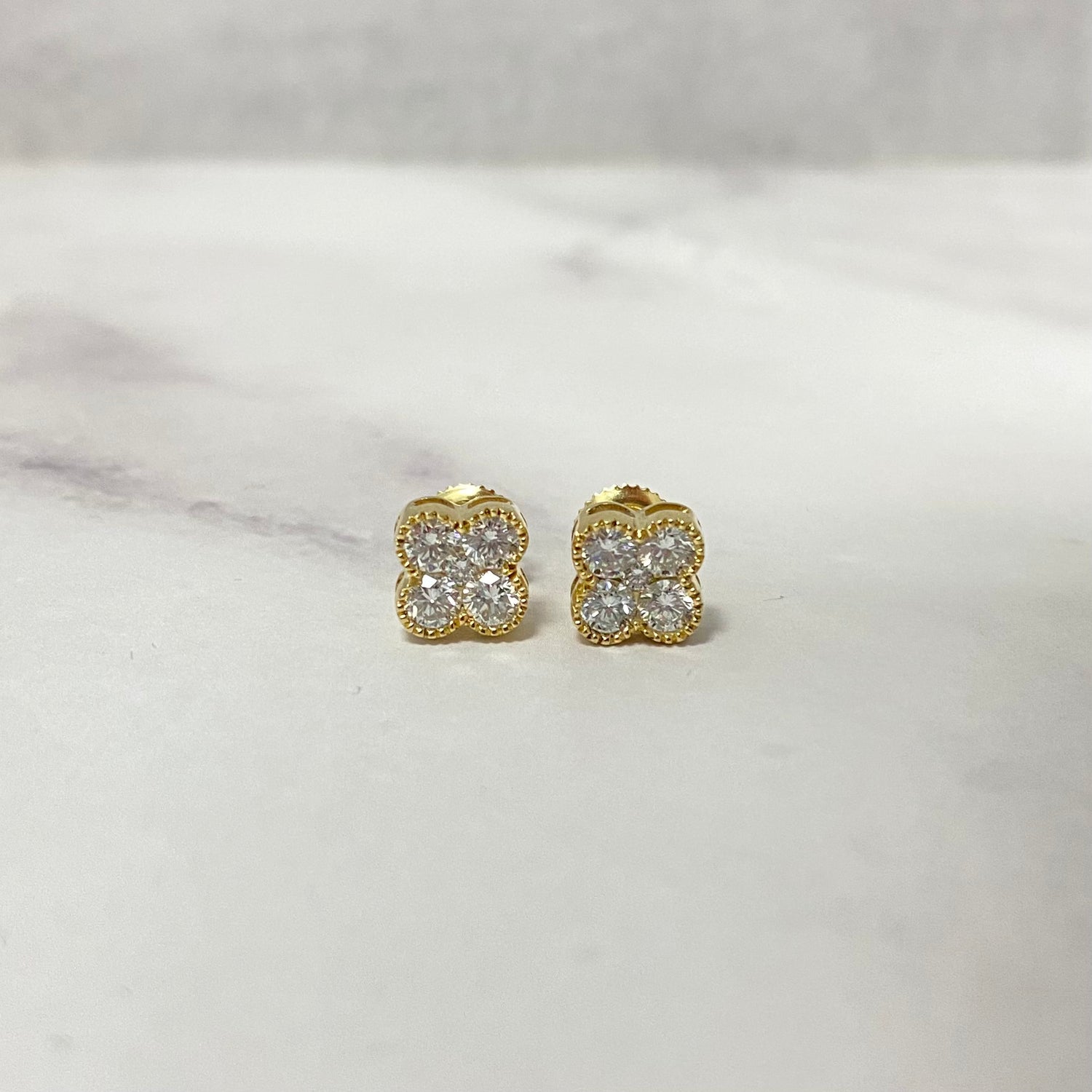 14K Yellow Gold Lab Diamond Clover Stud Earrings 1Ct Lab Dia Vs / 1.87gr / 7mm