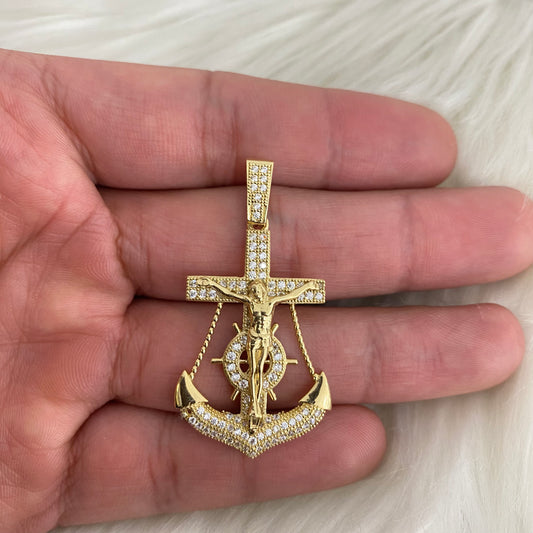 14K Yellow Gold Cross/Jesus Anchor Pendant With Zircons / 5.3gr / 2.5in