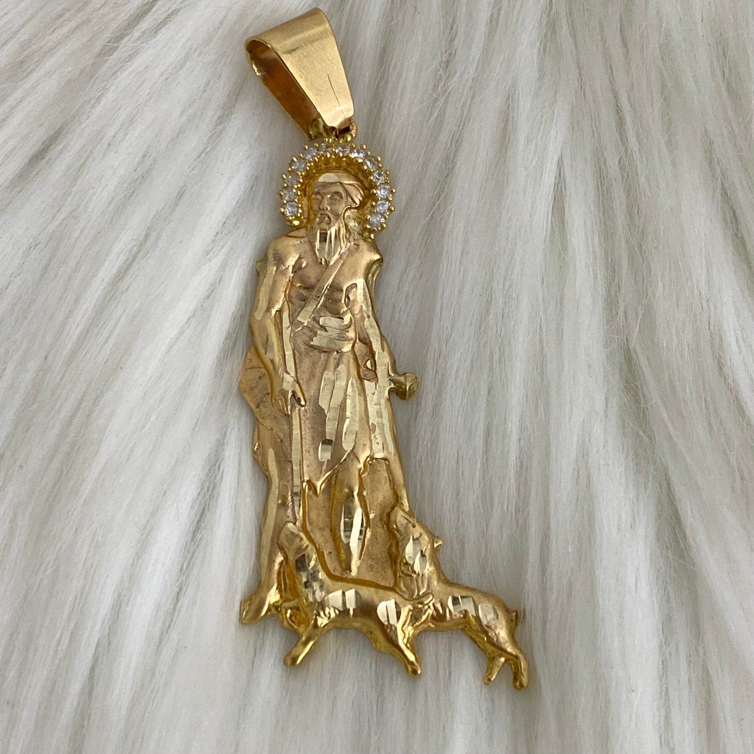 10K Yellow Gold San Lazaro Pendant With Zircons / 10.9gr / 2.5in