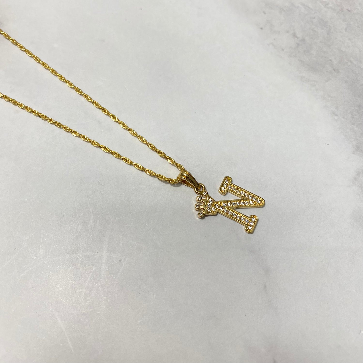 18K Yellow Gold Letter N With Crown-Chain Rope Jewelry Set With Zircons / 2.93gr / 1.4mm / 20in