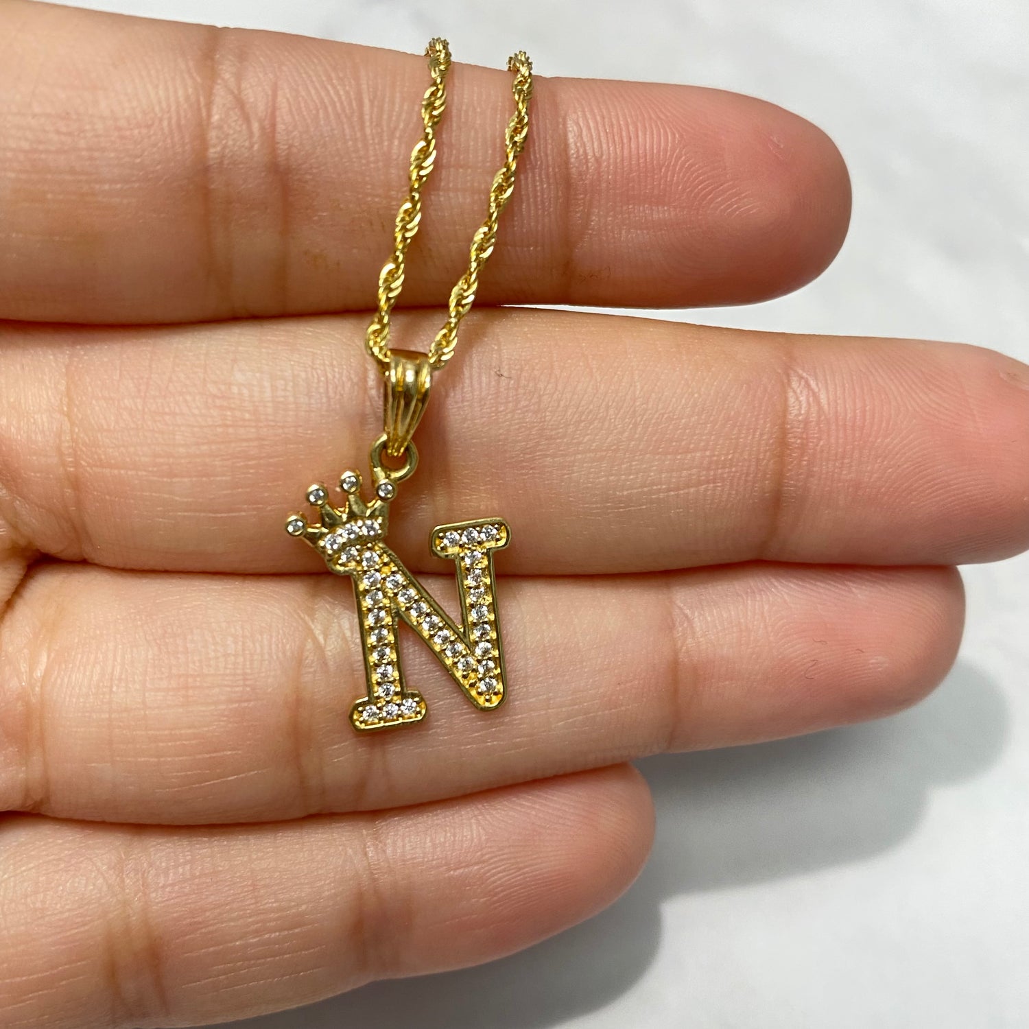 18K Yellow Gold Letter N With Crown-Chain Rope Jewelry Set With Zircons / 2.93gr / 1.4mm / 20in