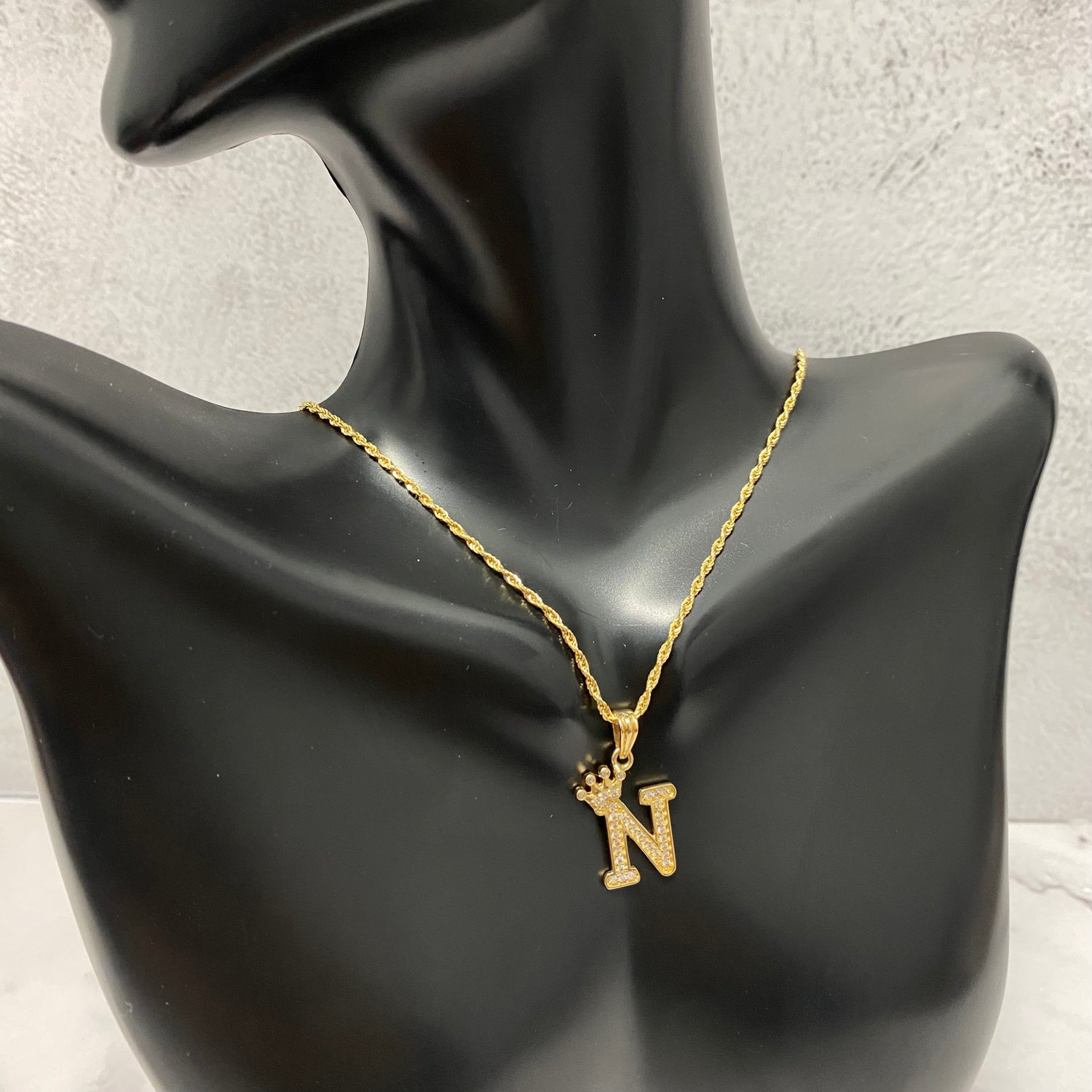 18K Yellow Gold Letter N With Crown-Chain Rope Jewelry Set With Zircons / 2.93gr / 1.4mm / 20in