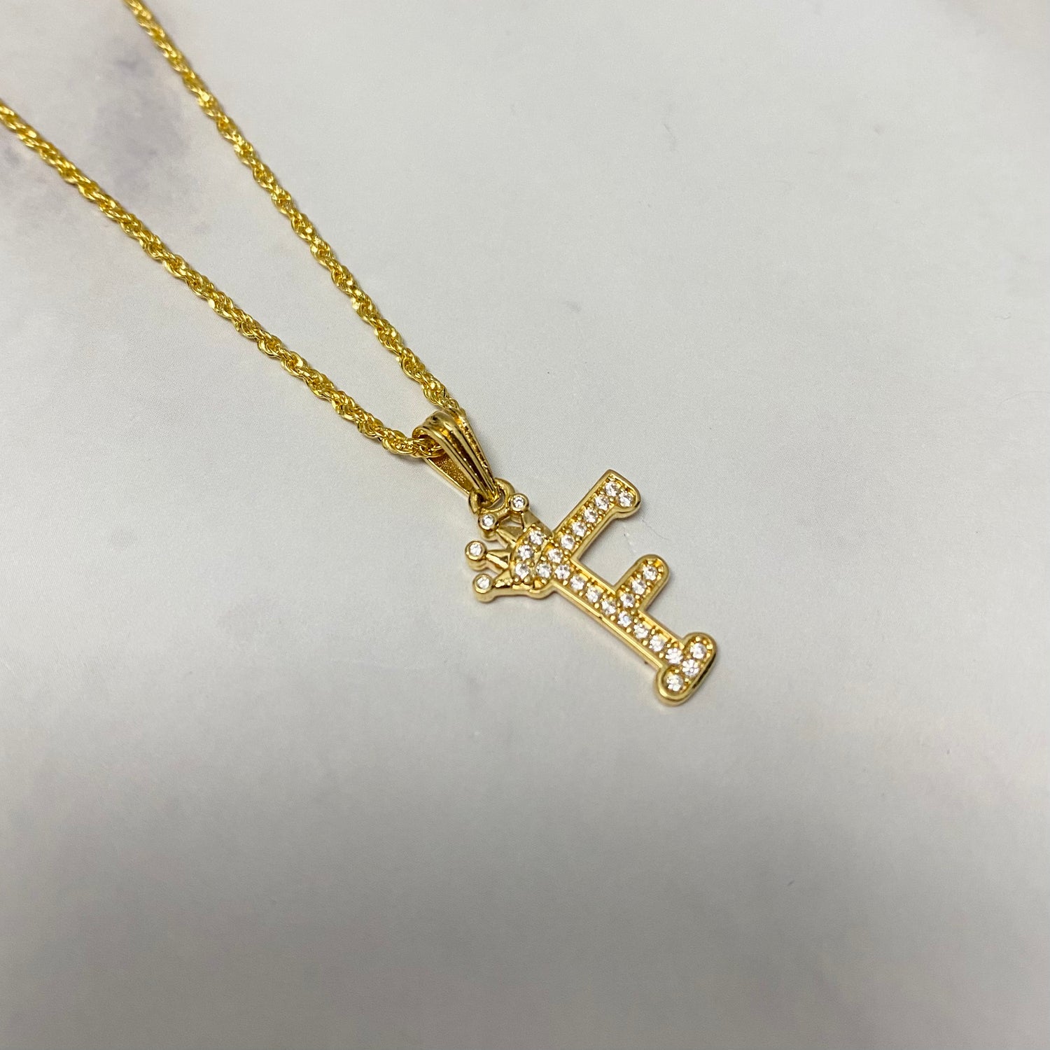 18K Yellow Gold Letter F With Crown-Chain Rope Jewelry Set With Zircons / 2.47gr / 1.4mm / 17.5in