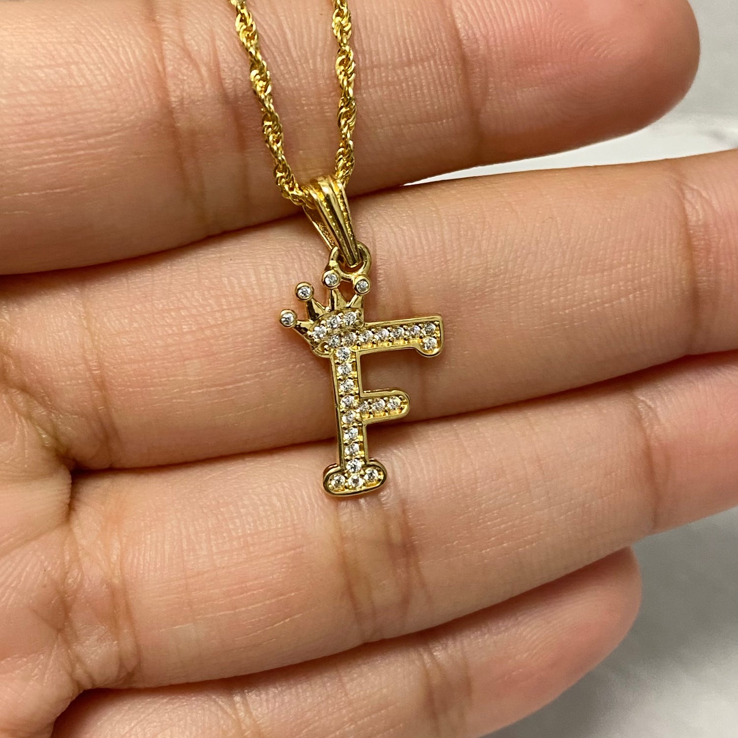 18K Yellow Gold Letter F With Crown-Chain Rope Jewelry Set With Zircons / 2.47gr / 1.4mm / 17.5in