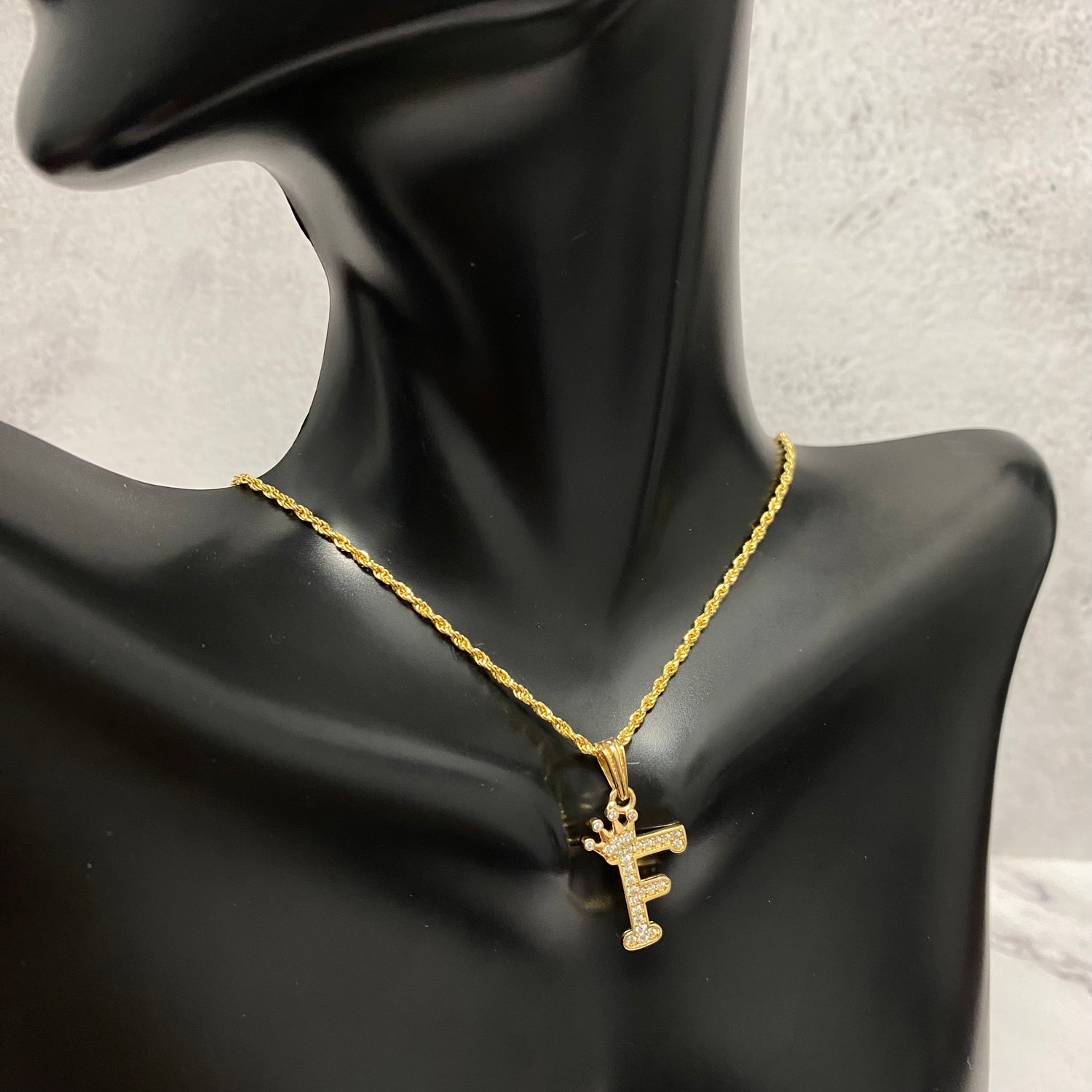18K Yellow Gold Letter F With Crown-Chain Rope Jewelry Set With Zircons / 2.47gr / 1.4mm / 17.5in