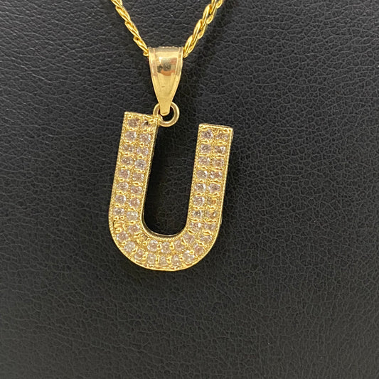 10K Yellow Gold Letter U Jewelry Set With Zircons / 2.8gr / 2mm / 20in