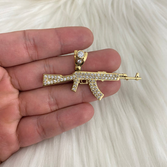 10K Yellow Gold Ak 47 Pendant With Zircons / 6gr / 2.5in