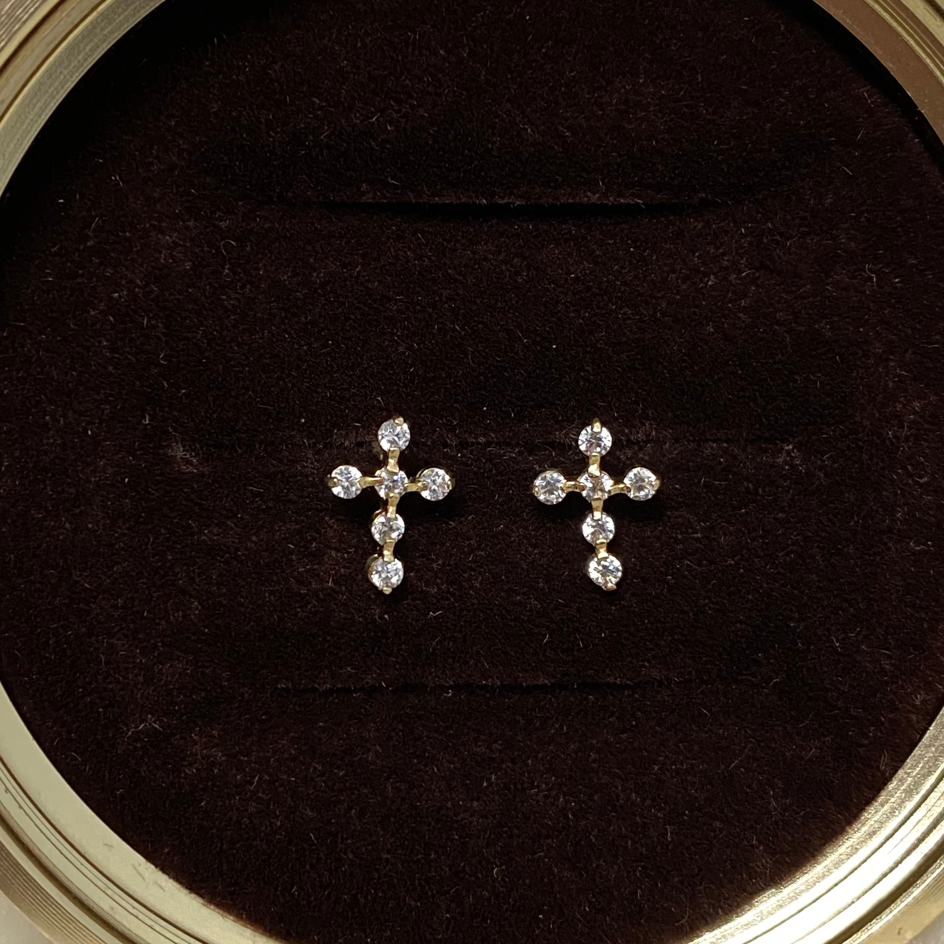 14K Yellow Gold Cross Stud Earrings With Zircons / 0.46gr