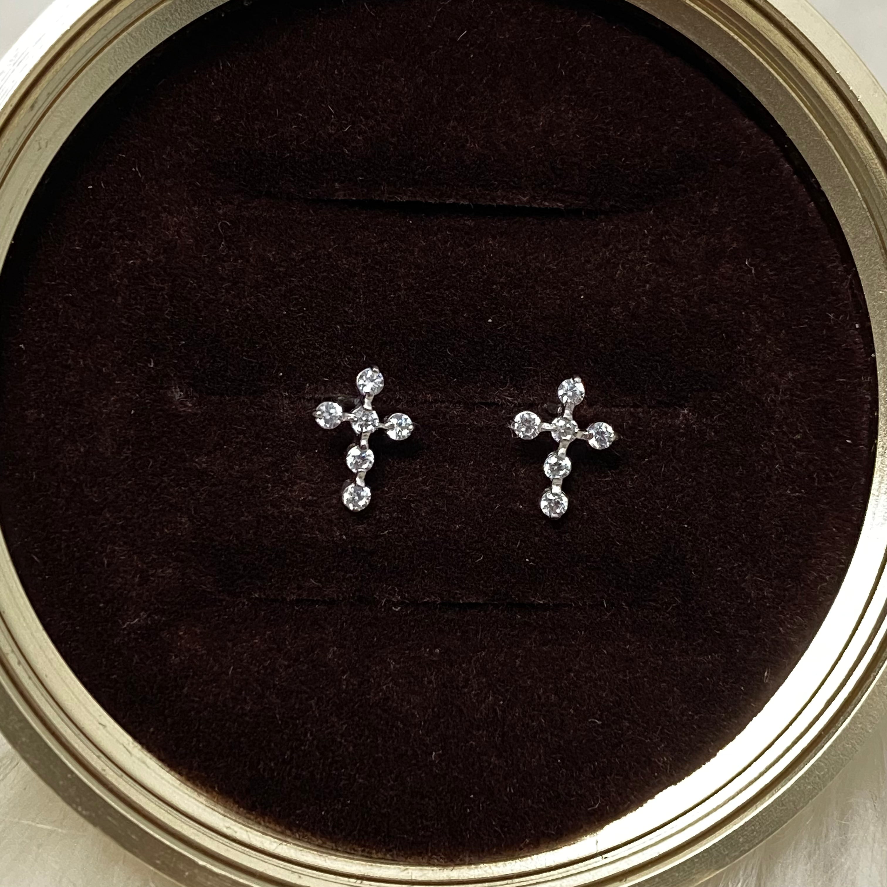 14K White Gold Cross Stud Earrings With Zircons / 0.46gr