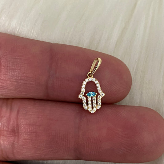 14K Yellow Gold Hand Pendant With Blue/White Zircons / 0.36gr