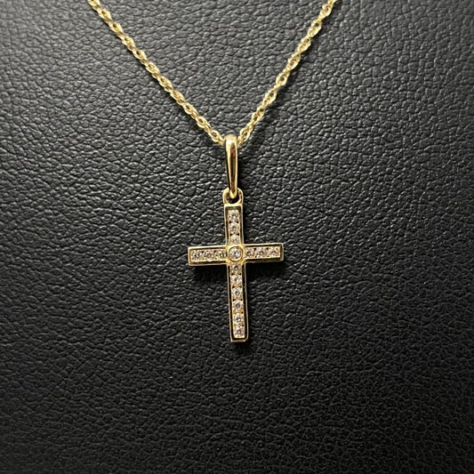 14K Yellow Gold Cross Jewelry Set With Zircons / 0.7gr / 0.5mm / 15in