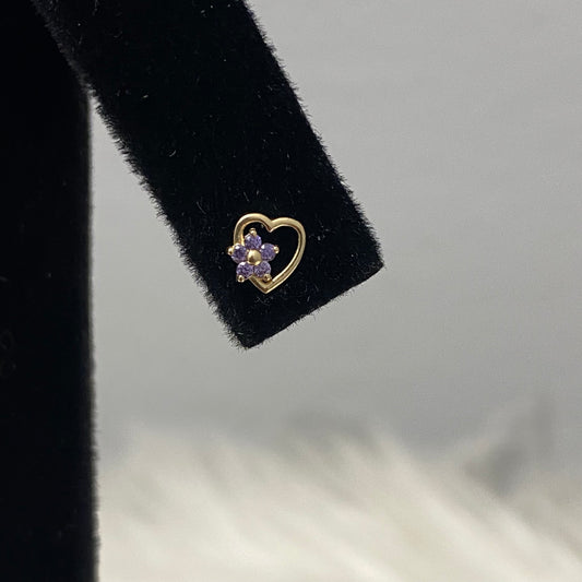14K Yellow Gold Purple Heart/Star Stud Earrings With Purple Zircons / 0.38gr