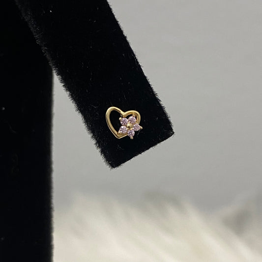 14K Yellow Gold Purple Heart/Star Stud Earrings With Purple Zircons / 0.38gr