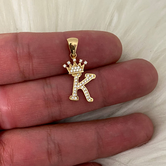 18K Yellow Gold Letter K Crown Pendant With Zircons / 1.68gr / 1in