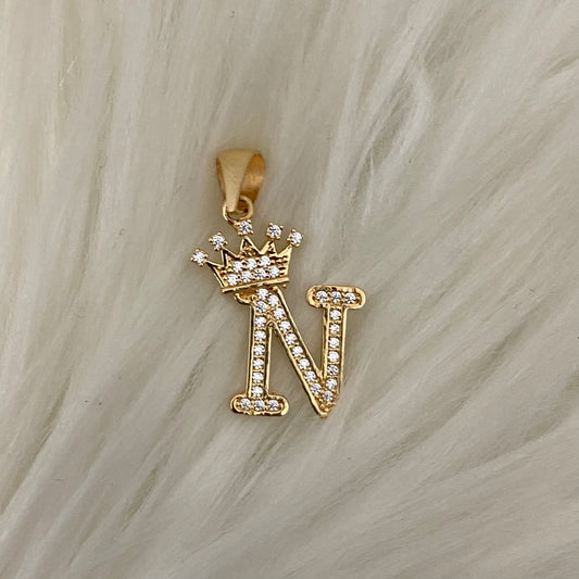 18K Yellow Gold Letter N Crown Pendant With Zircons / 1.90gr / 1in