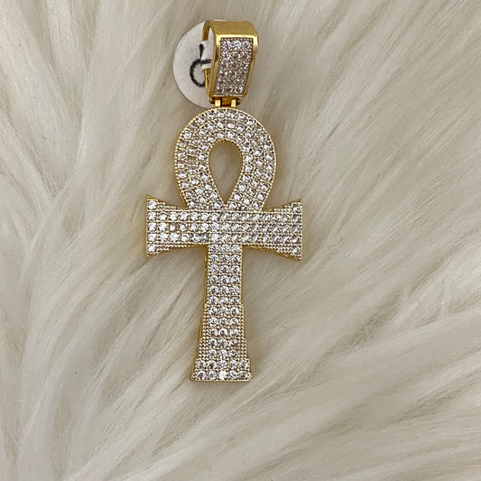 10K Yellow Gold Egyptian Cross Pendant With Zircons / 6gr / 2in