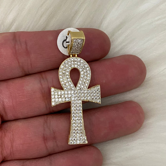 10K Yellow Gold Egyptian Cross Pendant With Zircons / 6gr / 2in