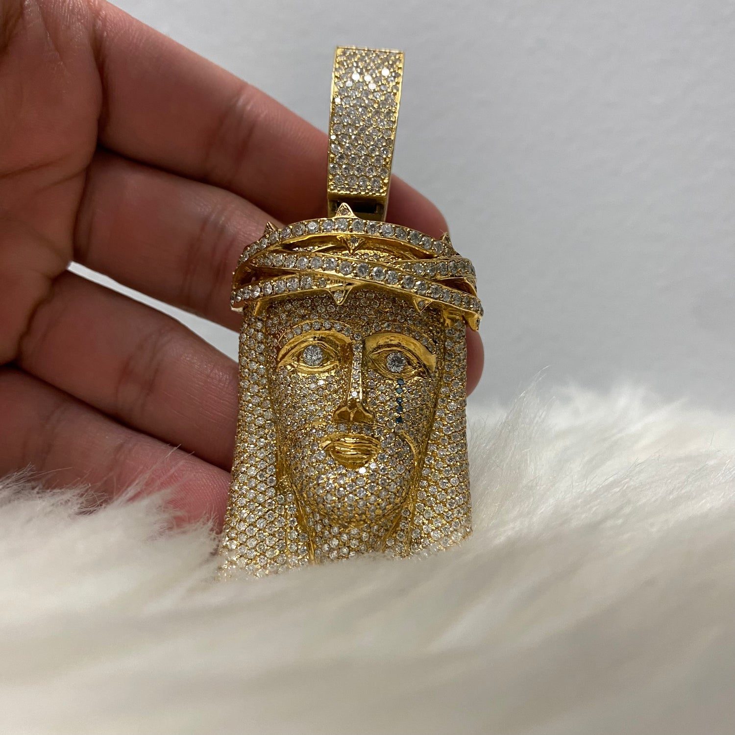 14K Yellow Gold Jesus Face Pendant 16Ct Dia Vs Natural Diamonds / 84.4gr / 3.5in
