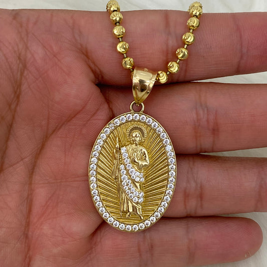 14K Yellow Gold San Judas Jewelry Set With Zircons / 28.2gr / 3.5mm / 20in