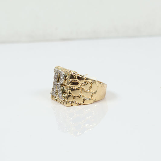 10K Yellow Gold Nugget Letter R Ring 0.52Ct Dia / 13gr / Size 11
