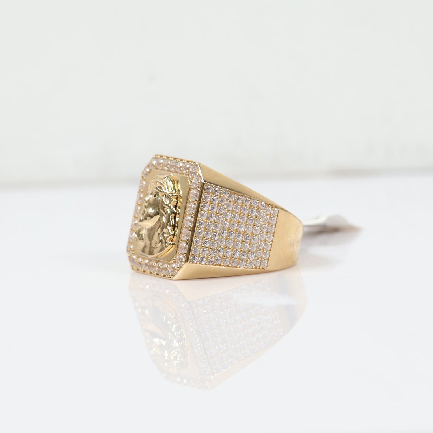 14K YG Jesus Face Rings / 8.7gr / Sz 10 / White Zircons