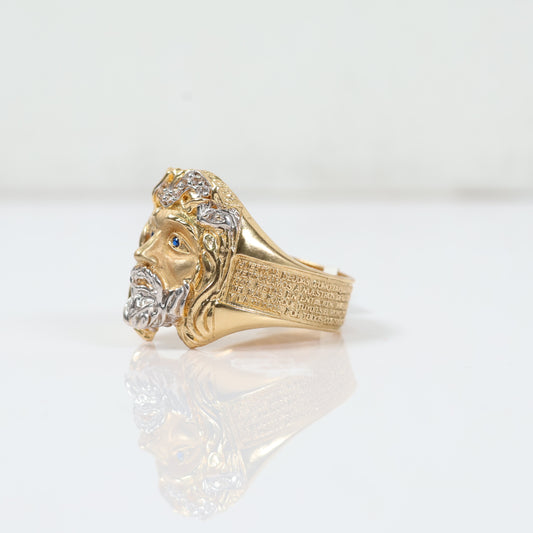 18K Yellow - White Gold Jesus Face Ring With Zircons / 11.8gr / Size 10 1/4