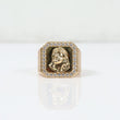 14K YG Jesus Face Rings / 8.7gr / Sz 10 / White Zircons