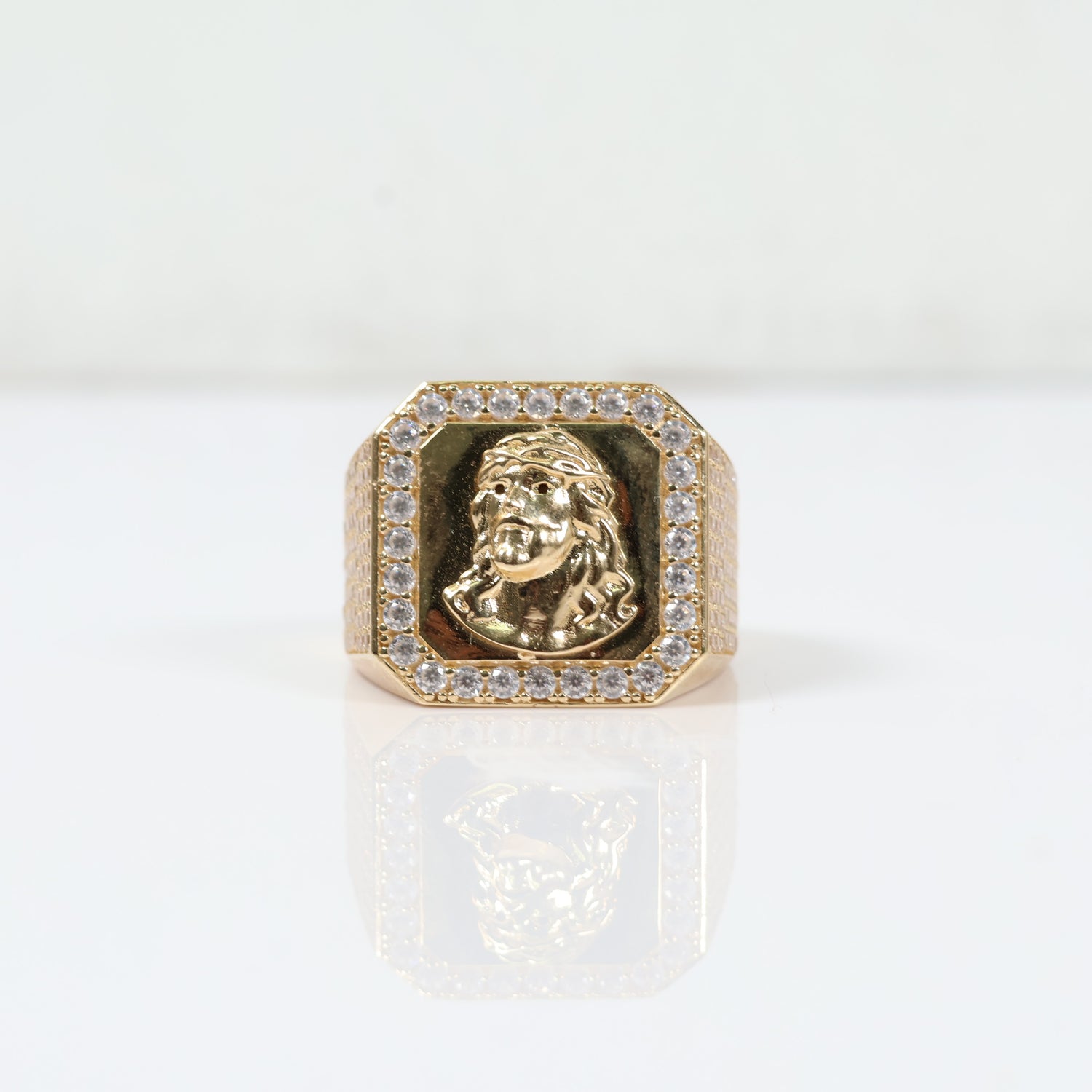 14K YG Jesus Face Rings / 8.7gr / Sz 10 / White Zircons