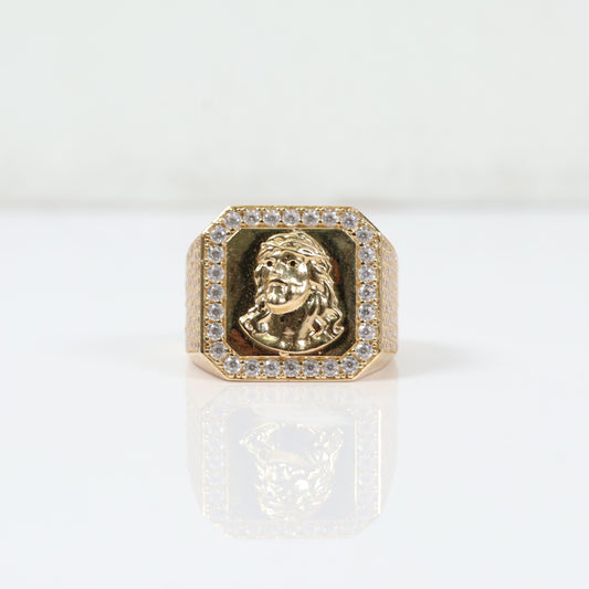 14K YG Jesus Face Rings / 8.7gr / Sz 10 / White Zircons