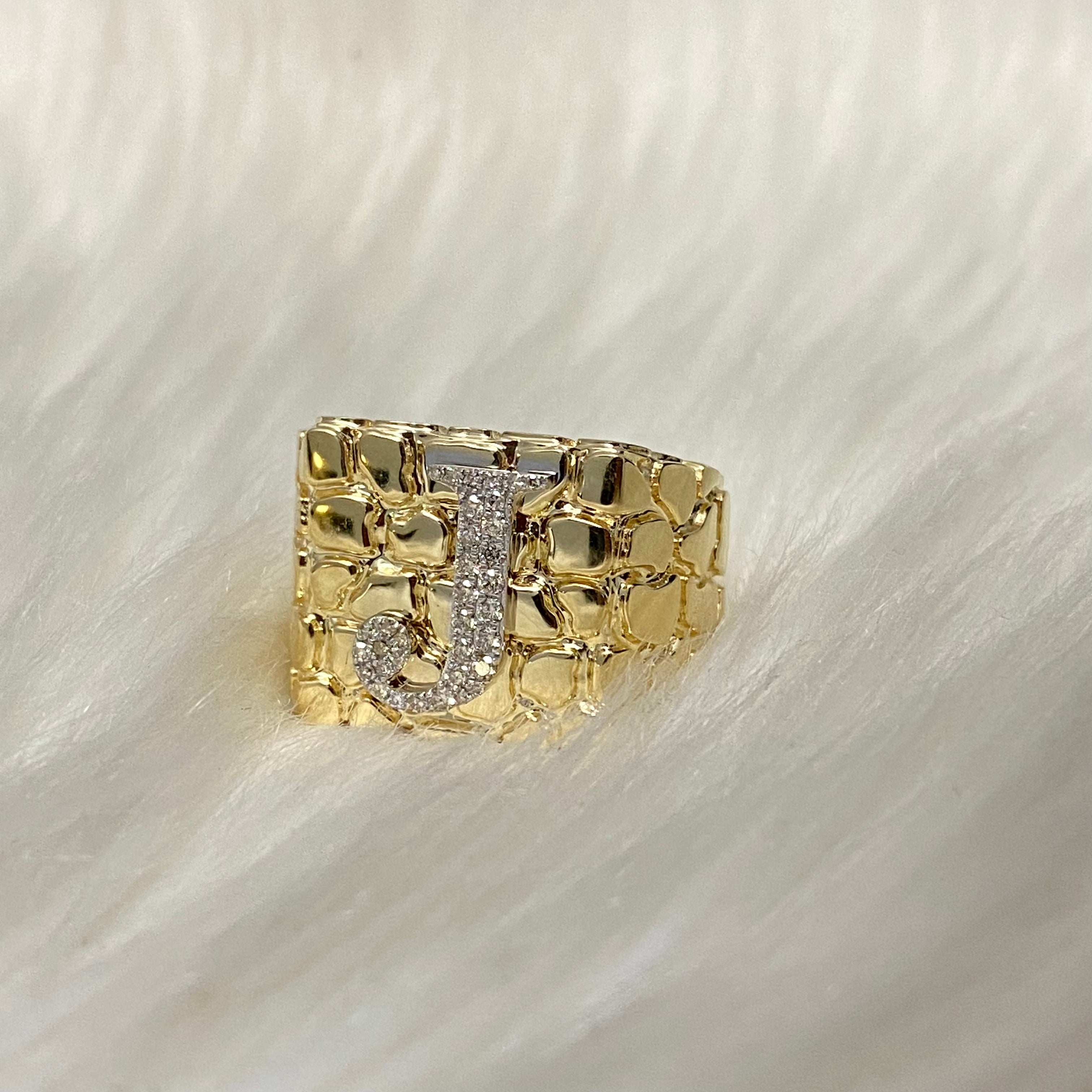 10K Yellow Gold Nugget Letter J Ring Dia Size 11