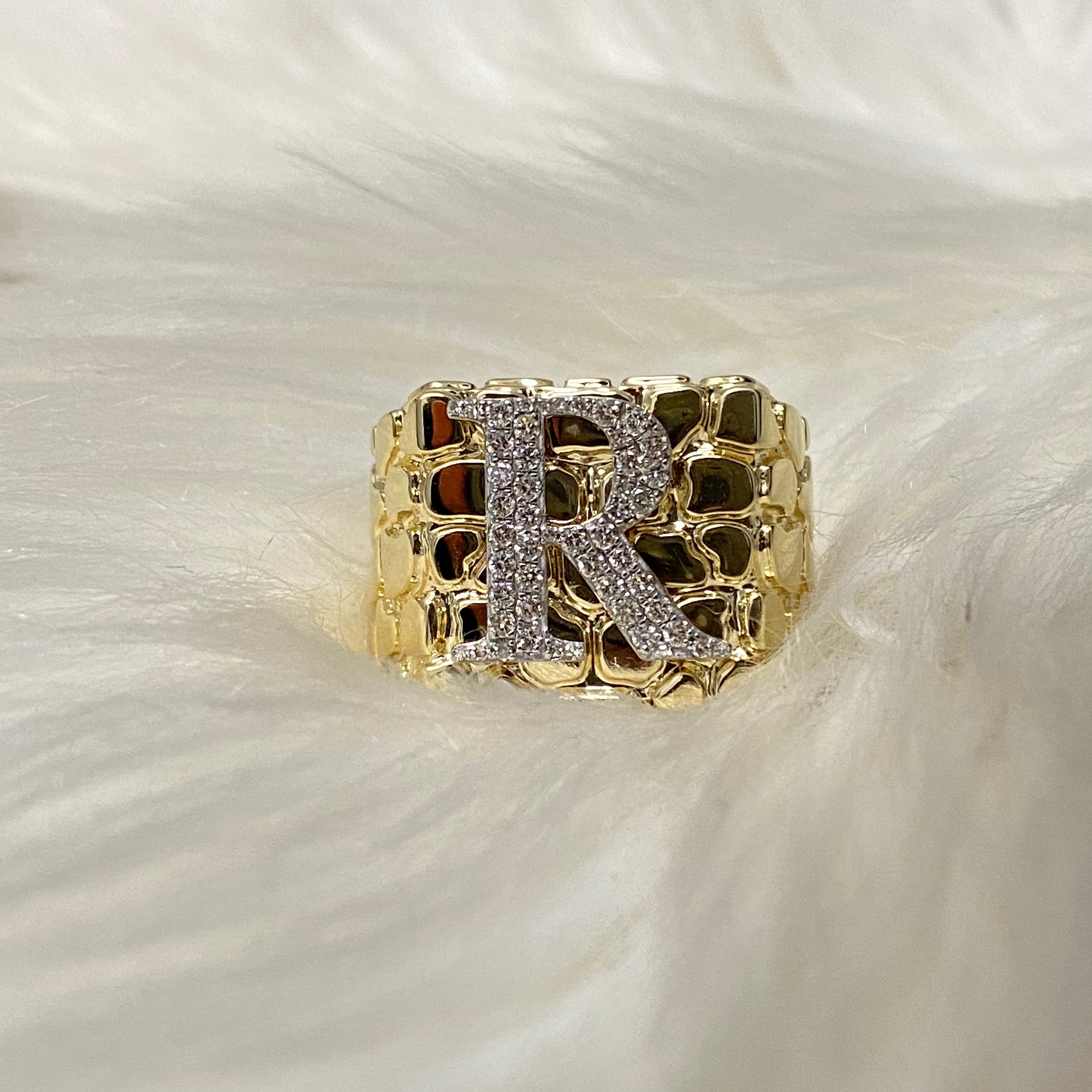 10K Yellow Gold Nugget Letter R Ring 0.52Ct Dia / 13gr / Size 11