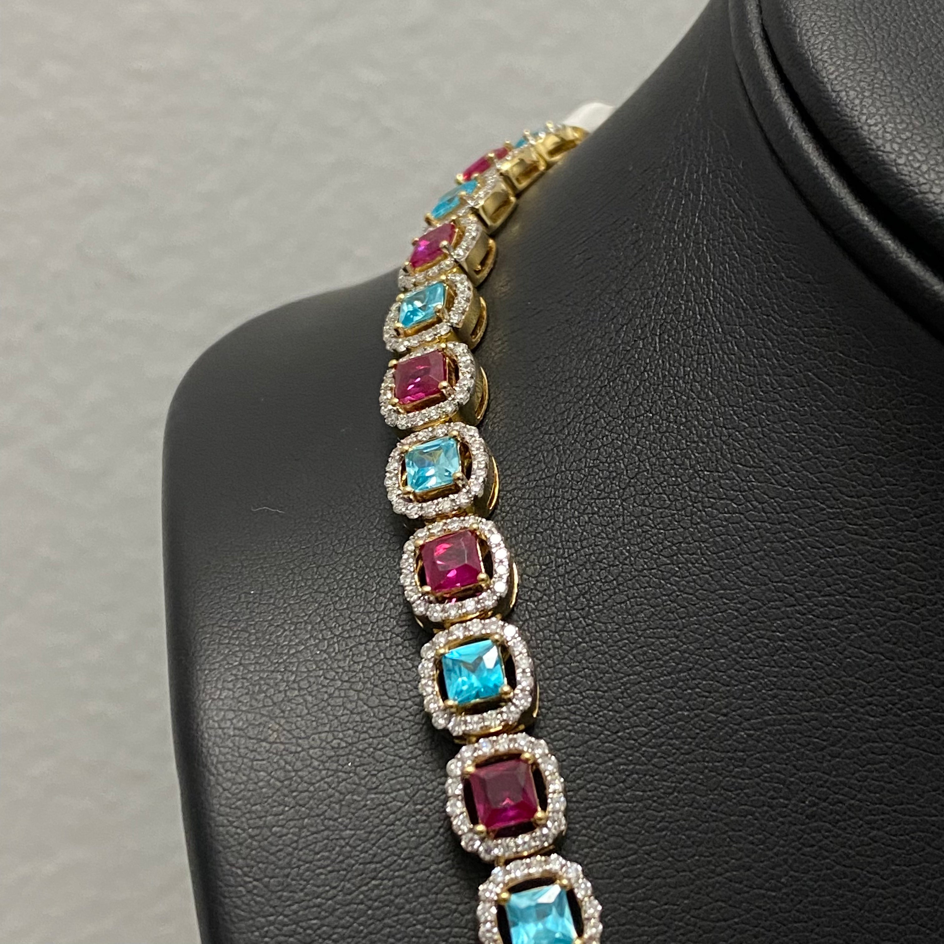 10K Yellow Gold Aquamarine & Pink Studded Chain 7.74 Lab Dia / 62.5gr / 8.2mm / 20in