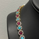 10K Yellow Gold Aquamarine & Pink Studded Chain 8.48Ct Lab Dia / 69.5gr / 8.3mm / 22in