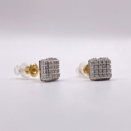 10K Yellow Gold Diamond Square Stud Earrings 0.35Ct / 2gr