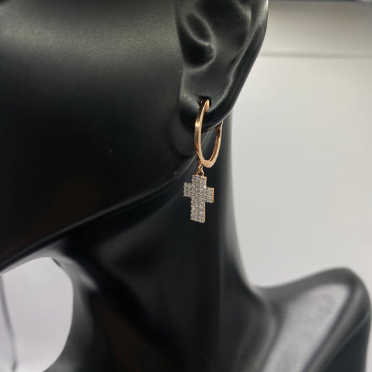 14K Rose Gold Diamond Cross Fashion Hoop Earrings 0.31Ct / 1.7gr