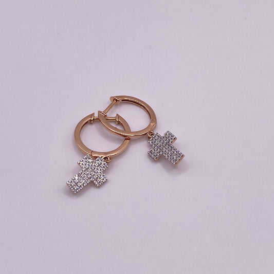 14K Rose Gold Diamond Cross Fashion Hoop Earrings 0.31Ct / 1.7gr