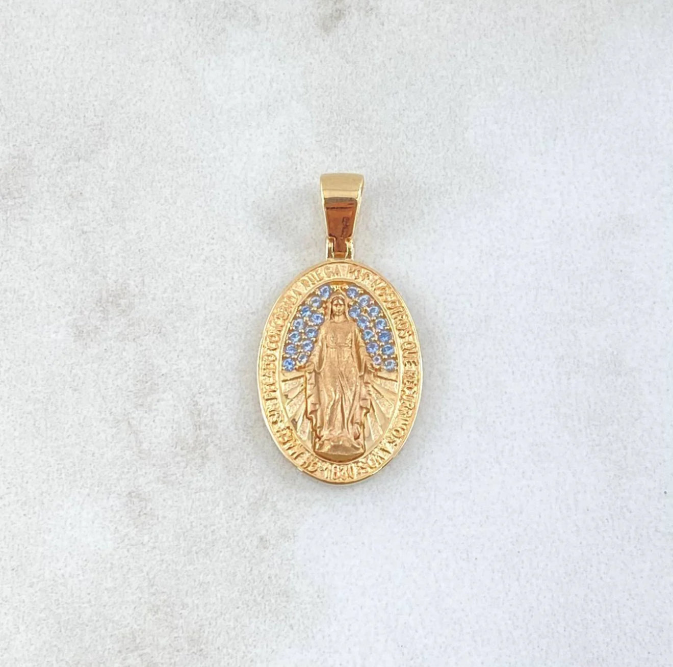 18K Yellow Gold Miraculous Medal Pendant With Zircons / 2.4gr / 1in