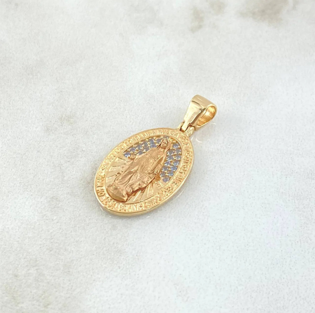 18K Yellow Gold Miraculous Medal Pendant With Zircons / 2.4gr / 1in