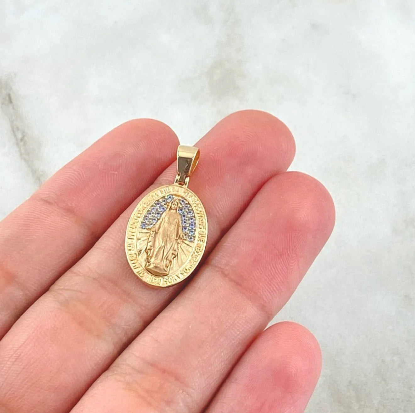 18K Yellow Gold Miraculous Medal Pendant With Zircons / 2.4gr / 1in